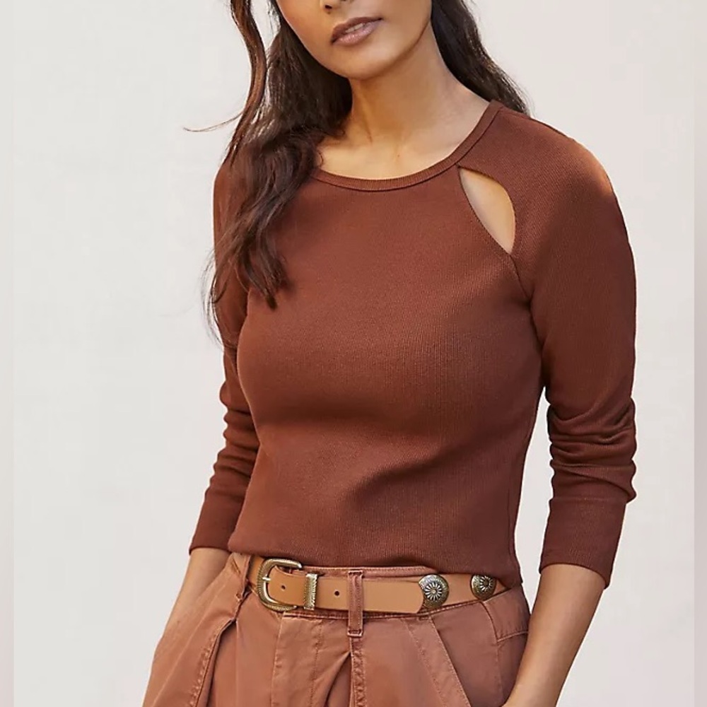 By ANTHROPOLOGIE Brown Ribbed Cut Out Long Sleeved Top